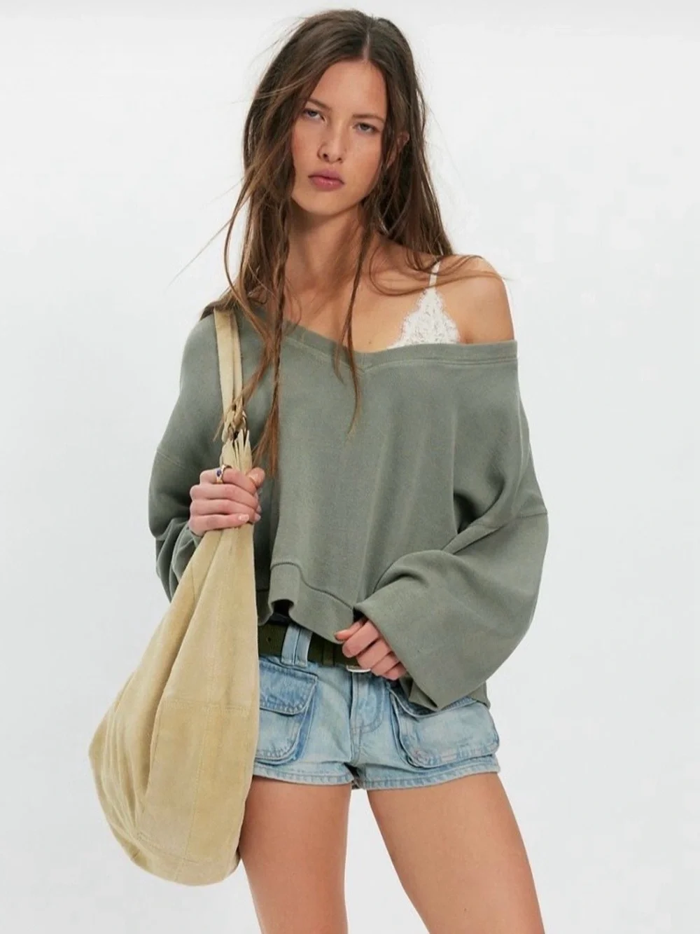 NWT FREE PEOPLE WE THE FREE COMFORT ZONE V NECK PULLOVER VINTAGE BASIL